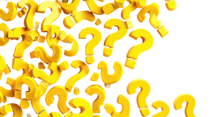 A cluster of bright yellow question marks, scattered and arranged on a black background