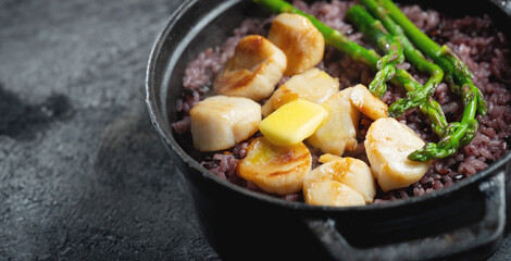 Scallops, butter, stone pot rice with asparagus