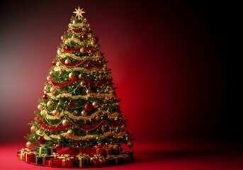 Realistic Christmas Tree with Golden Ornaments on Red Gradient Background