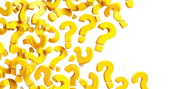 A cluster of bright yellow question marks, scattered and arranged on a black background