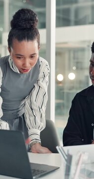 Laptop, training and business people in office with team for advice, copywriting feedback or help. Computer, coaching and intern talk to manager with paperwork, project assistance and blog review