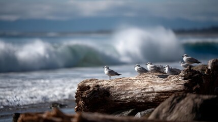 Seagulls rest on weathered driftwood observing powerful ocean waves crashing on the shore