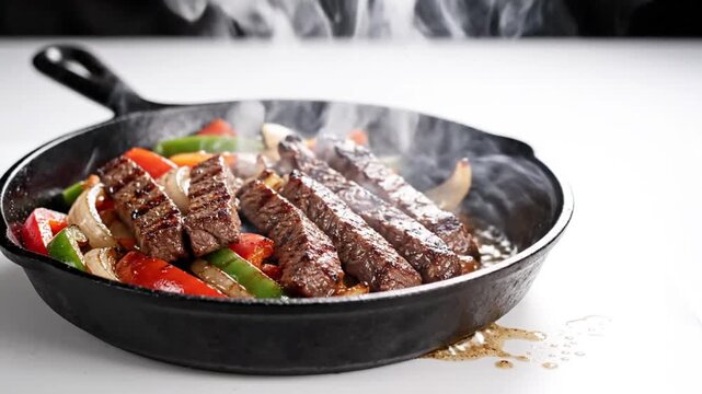 Sizzling steak strips with colorful bell peppers and onions in a cast iron skillet on a white surface
