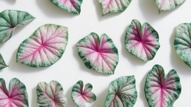 カラジウムのカラフルな葉を白地に反復配置