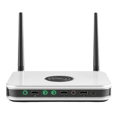Close up of a white router with black antennas and various ports visible transparent background, png