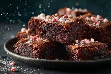Plate of Peppermint Mocha Brownies topped with peppermint candy, dusted with powdered sugar on black plate. Concept of festive treat, chocolate brownies with peppermint and espresso.