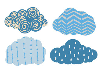 Decorative blue cloud vector set with hand-drawn line and pattern style for kids illustration, background, and graphic design elements.