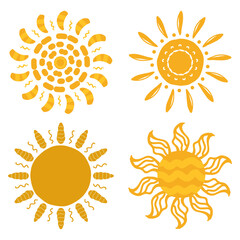Decorative yellow sun vector set with boho hand-drawn style for summer design, kids illustration, and creative graphic decoration.