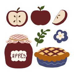 Apple pie and jam vector set in cute hand-drawn flat style for cozy autumn design, kitchen decoration, and food illustration.