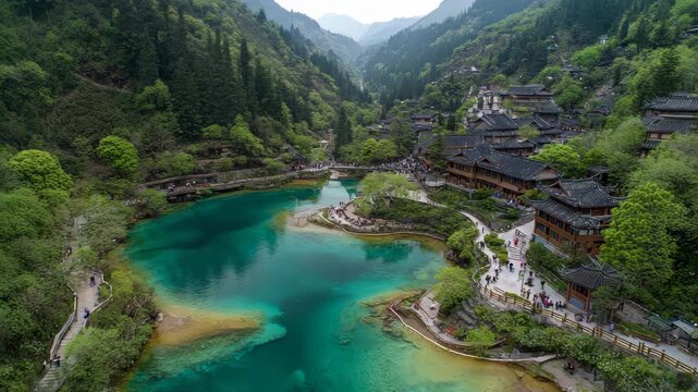Ultra HD Panoramic view of baofeng lake and traditional houses drone video, aerial drone mountain terraced lake video, aerial drone mountain lake video