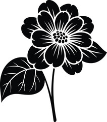 Black and white flower silhouette, botanical vector art, single stem floral design, decorative bloom illustration, elegant nature element, minimalist leaf pattern