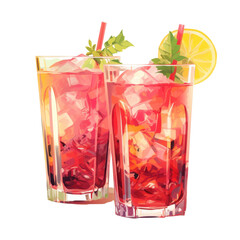 Two glasses filled with a red drink ice lemon and garnish on black back transparent background, png