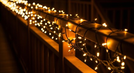 Warm White String Lights Drape on Wooden Railing at Night