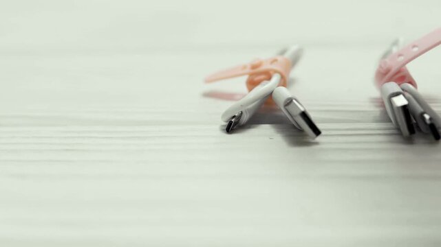 Cable ties for cords and cables organizationon a table.