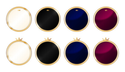 白・黒・藍・バーガンディ色の、ティアラ付きのラウンドメダルセット8種｜金の縁取りと光沢が美しい高級感のあるエンブレムデザイン