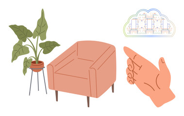 Fototapeta premium Armchair next to a potted plant, hand pointing toward a cloud with interconnected nodes. Ideal for interior design, connectivity, sustainability, technology, innovation, comfort, decision-making