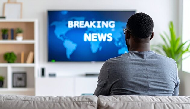 An African-American man watches breaking news on a large television screen in a modern living room. - Powered by Adobe