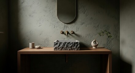 A Sculptural Stone Basin Illuminated by a Sunbeam in a Moody, Textured Bathroom.
