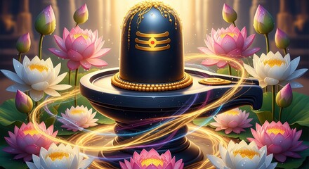 Divine Shiva Lingam with Glowing Lotus Flowers.