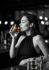 Portrait in Black and White Photography of Elegant Woman Sipping Whiskey at Bar 