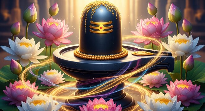 Divine Shiva Lingam with Glowing Lotus Flowers.