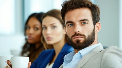 Obraz premium Diverse Group of Professionals Engaged in Thoughtful Discussion with Focused Expressions in a Modern Office Setting