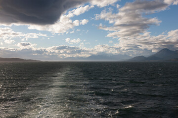 Falkland Islands landscape with sea on a cloudy winter day