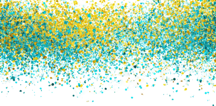 Abstract artwork featuring a spray-painted effect with teal, yellow, and white colors and a black outline