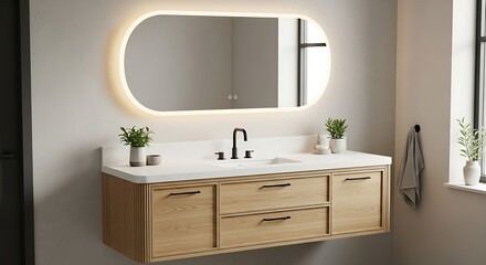 Serene Modern Bathroom with a Floating Light Wood Vanity and a Softly Glowing Backlit Oval Mirror.