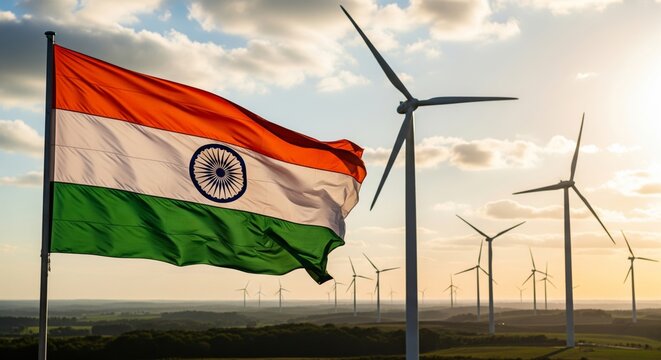 Indian Flag Waving Amidst Wind Turbines at Sunset.