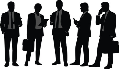 Business professionals silhouette, mobile device usage, corporate attire, digital communication, teamwork concept, briefcase holding, vector illustration, white background, modern office culture