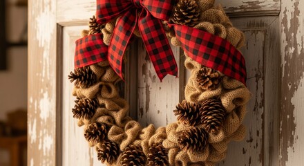 Close-up of Burlap Wreath with Pine Cones and Plaid Bow on Distressed White Door