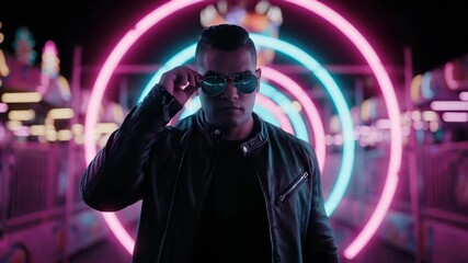 man walking through neon tunnel under glowing ring and confetti. leather jacket and portrait closeup in night carnival setting. urban lights and reflection line walkway. color palette mixes pink cyan. - Powered by Adobe