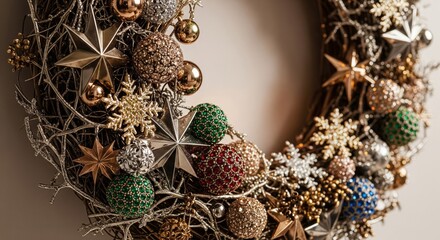 Christmas Wreath Adorned with Gold Stars and Colorful Ornaments Hanging Indoor