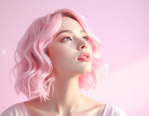 Naklejka premium Fantasy-Inspired Portrait of a Beautiful Pink-Haired Girl in Dreamy Atmosphere
