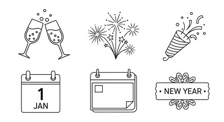 New Year Celebration Line Art Icons Set