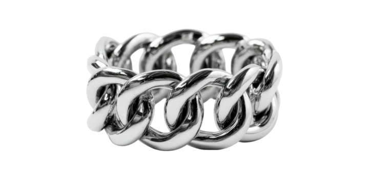 A close-up studio shot of a chunky, silver chain-link ring, isolated against a black background