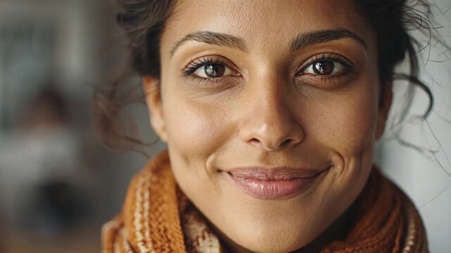 Warmth in her Gaze: A close-up portrait showcases a woman's radiant face, her eyes reflecting warmth and serenity, and the subtle dimples that enhance her beautiful smile.