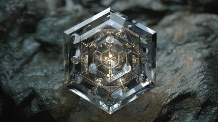 Fototapeta premium A mesmerizing sci-fi crystal grid composed of transparent geometric shapes, evoking a futuristic and ethereal atmosphere.