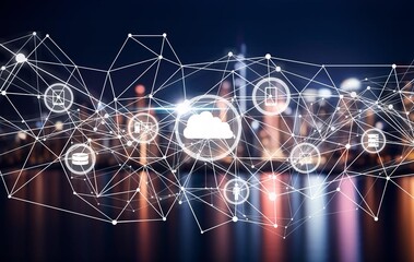 Cloud service hologram and night city skyline