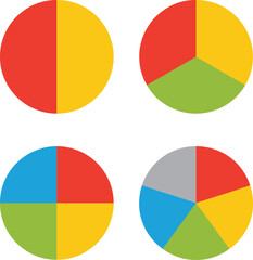 Four colorful pie charts with varying segmentations set vector art