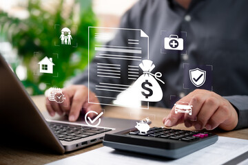 Insurance document, Financial Protection Concept, Businessman Reviewing Policy Documents,...