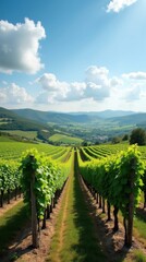 Fototapeta premium Stunning vineyard landscape with lush green vines under a vibrant blue sky perfect for wine ads