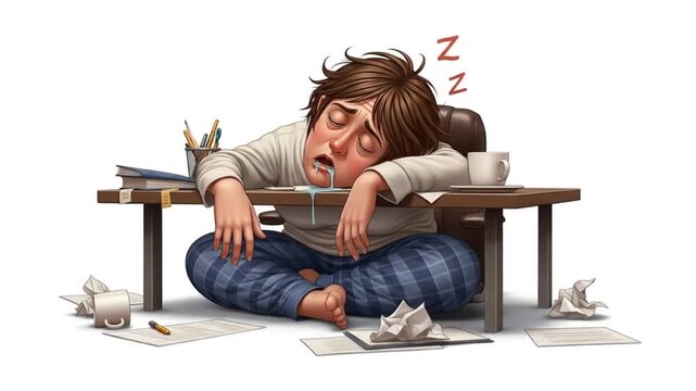 Exhausted child sleeping at a messy desk surrounded by crumpled papers and spilled coffee