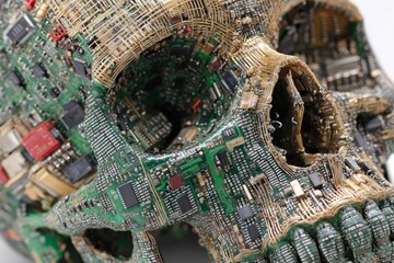 Obraz premium Cybernetic skull sculpture representing technology, artificial intelligence, death, and e-waste concepts