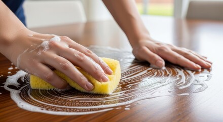 Person Cleaning a Wooden Table with a Soapy Sponge.