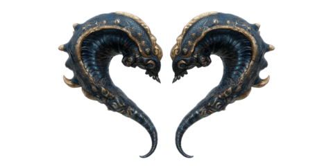 Two symmetrical, ornate, spiraling horns arranged in a heart shape, against a black background