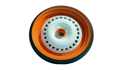 Overhead shot of a modern, multi-colored car wheel assembly, showing details on black backdrop