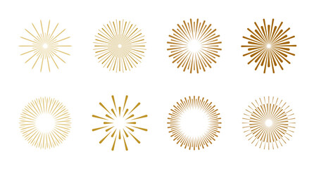 A set of abstract festive golden fireworks flashes, isolated on a white background, vector illustration. Decorative element for decoration, design, postcard, poster. Brilliant shining sun rays