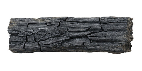 A close-up shot of a single charred piece of wood against a black background